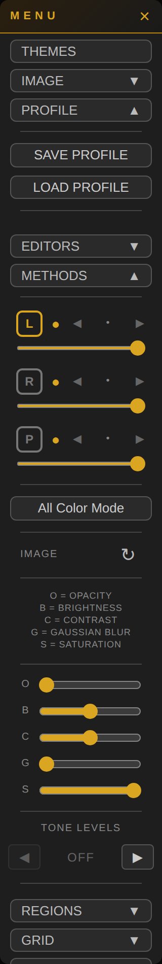 Panel MENU z sekcjami ustawień.