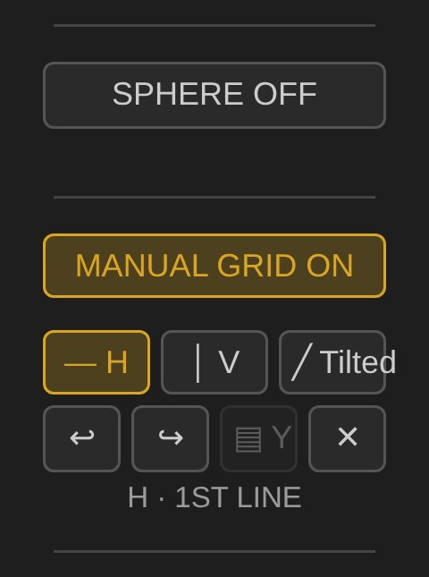 Panel Manual Grid: linie, kąt, historia i zagęszczenie.